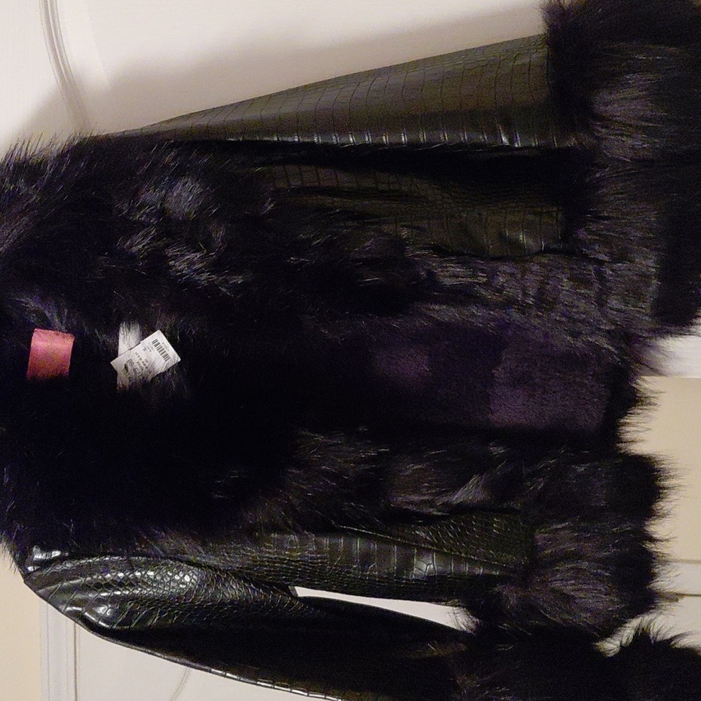 Black Leather  Faux Fur Croc-Embossed Jacket, BRAND NEW